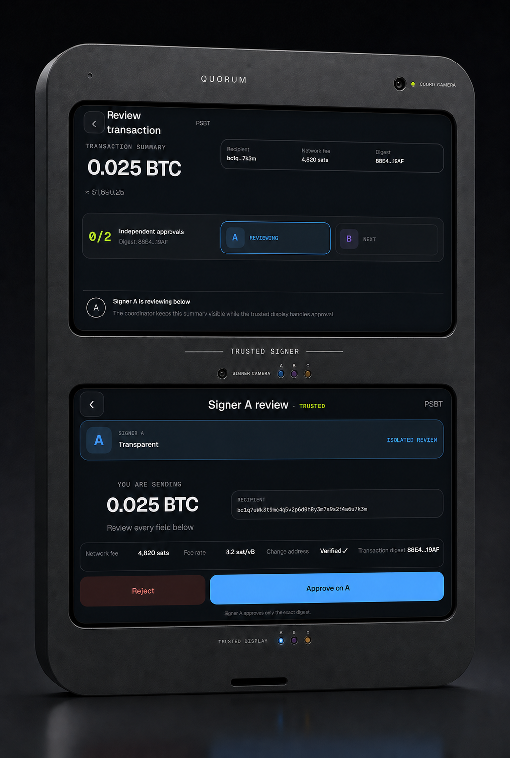 Quorum hardware wallet with coordinator and trusted signer displays